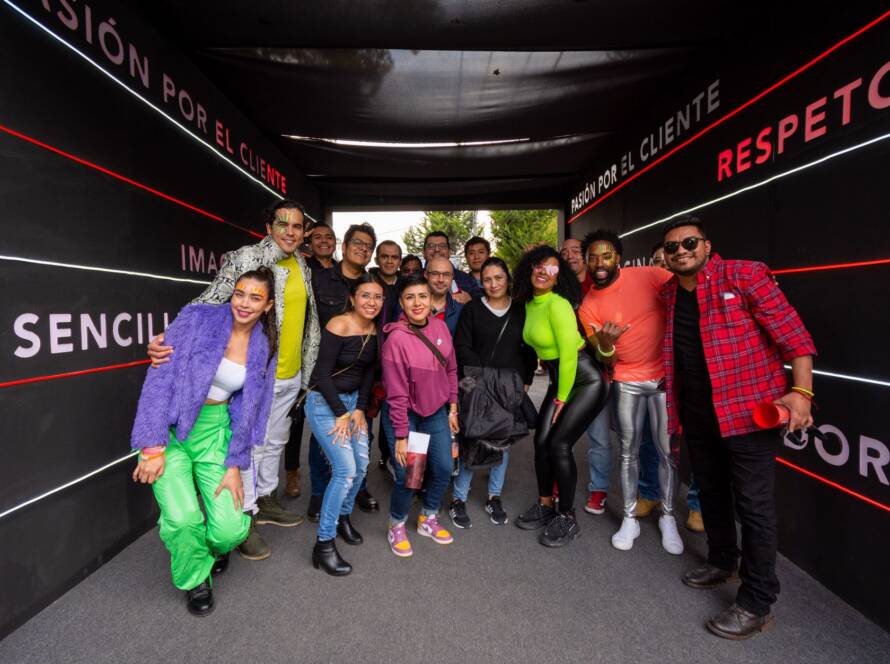 group of friends in colorful clothes